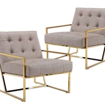 Sillón tapizado gris estilo capitoné con marco metal dorado