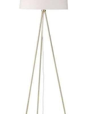 Lámpara trípode metal dorado pantalla algodón blanco 02464