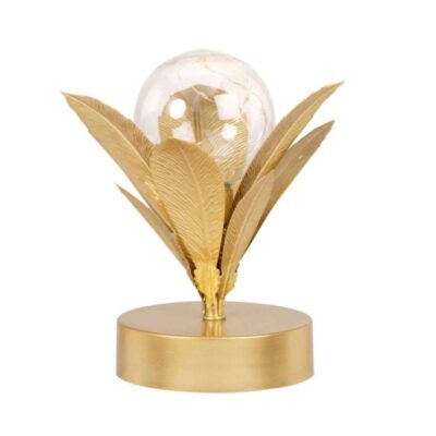 Lámpara esfera cristal luces led y plumas doradas 03723