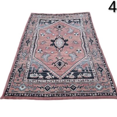 Alfombra de lana vintage estilo turco con un diseño geométrico en tonos rosa y azul alquiler para eventos, publicidad, peliculas y series