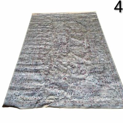 Oushak vintage handmade turkish wool rug in neutral grey and white tones with a floral design for rent for events, advertising, films and series.