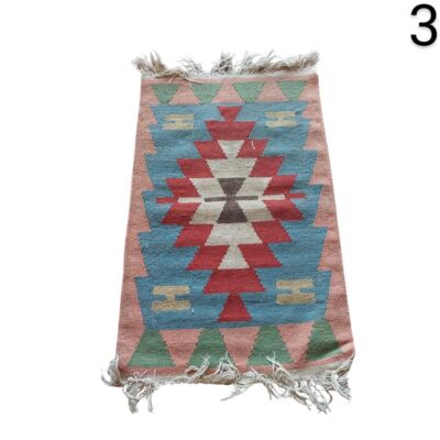 Vintage Turkish Kilim wool rug with an ethnic and geometric design in red and blue tones for rent for events, advertising, films and series.