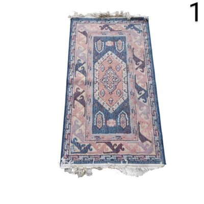 Alfombra Oushak turca vintage de lana hecha a mano en tonos rosa y azul alquiler para eventos, publicidad, peliculas y series