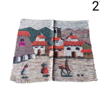 Peruvian handmade wool rug representing an andean scene with houses and people for rent for events, advertising, movies and series.
