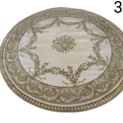 Circular rug from the Safavieh Lyndhurst collection with a traditional oriental design in sage and ivory tones for rent for events, advertising, films and series.
