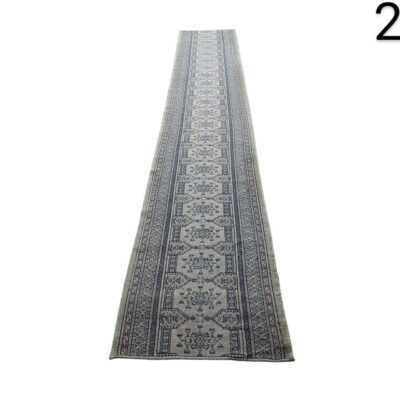 Turkish style Oushak hallway rug with geometric motifs and a worn vintage design for rent for events, advertising, films and series.