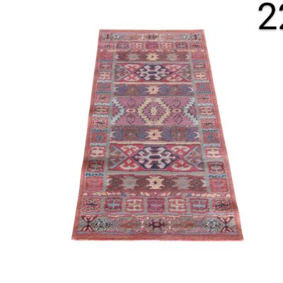 Vintage turkish hand knotted wool and cotton hallway rug with a geometric pattern in pink and purple tones for rent for events, advertising, movies and series.