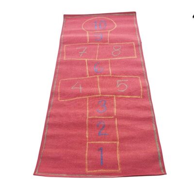 Red children's carpet with hopscotch design for hire for events, advertising, films and series.