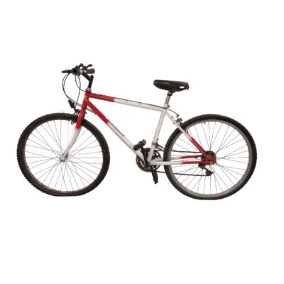 Bicicleta de montaña Topbike presenta un cuadro rojo y blanco distintivo con ruedas de 26 pulgadas alquiler para eventos, publicidad, peliculas y series