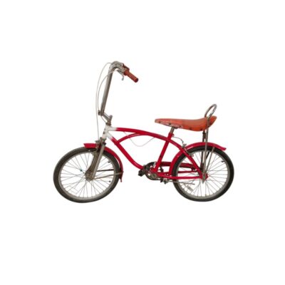 Bicicleta de estilo lowrider cuenta con un asiento tipo banana en color naranja y un marco de color rojo y blanco alquiler para eventos, publicidad, peliculas y series