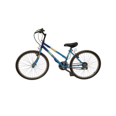 Bicicleta azul de montaña cuenta con un cuadro de acero y cambios de velocidad alquiler para eventos, publicidad, peliculas y series