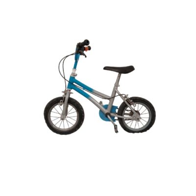 Bicicleta infantil plateada y azul cuenta con ruedas de 12 o 14 pulgadas y un sillín negro ajustable alquiler para eventos, publicidad, peliculas y series